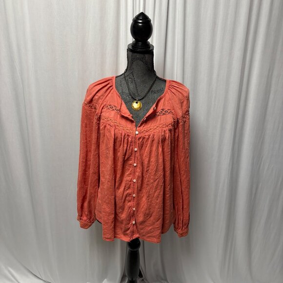 Old Navy Blouse Women Sz Large Embroidered Button-Down Puff Sleeves Peasant Top - Picture 1 of 13